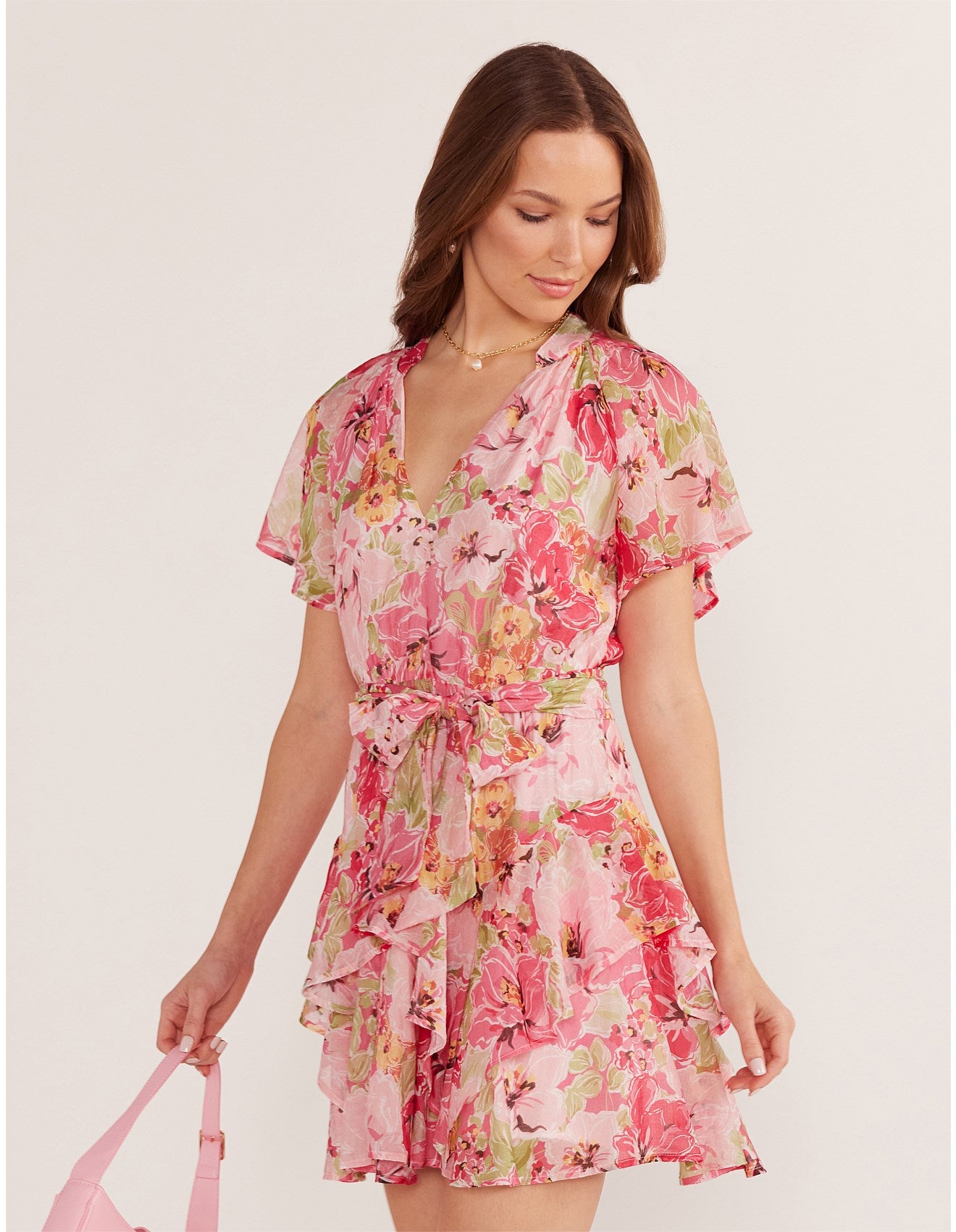 MINK PINK SIMONE FLUTTER MINI DRESS PINK FLORAL