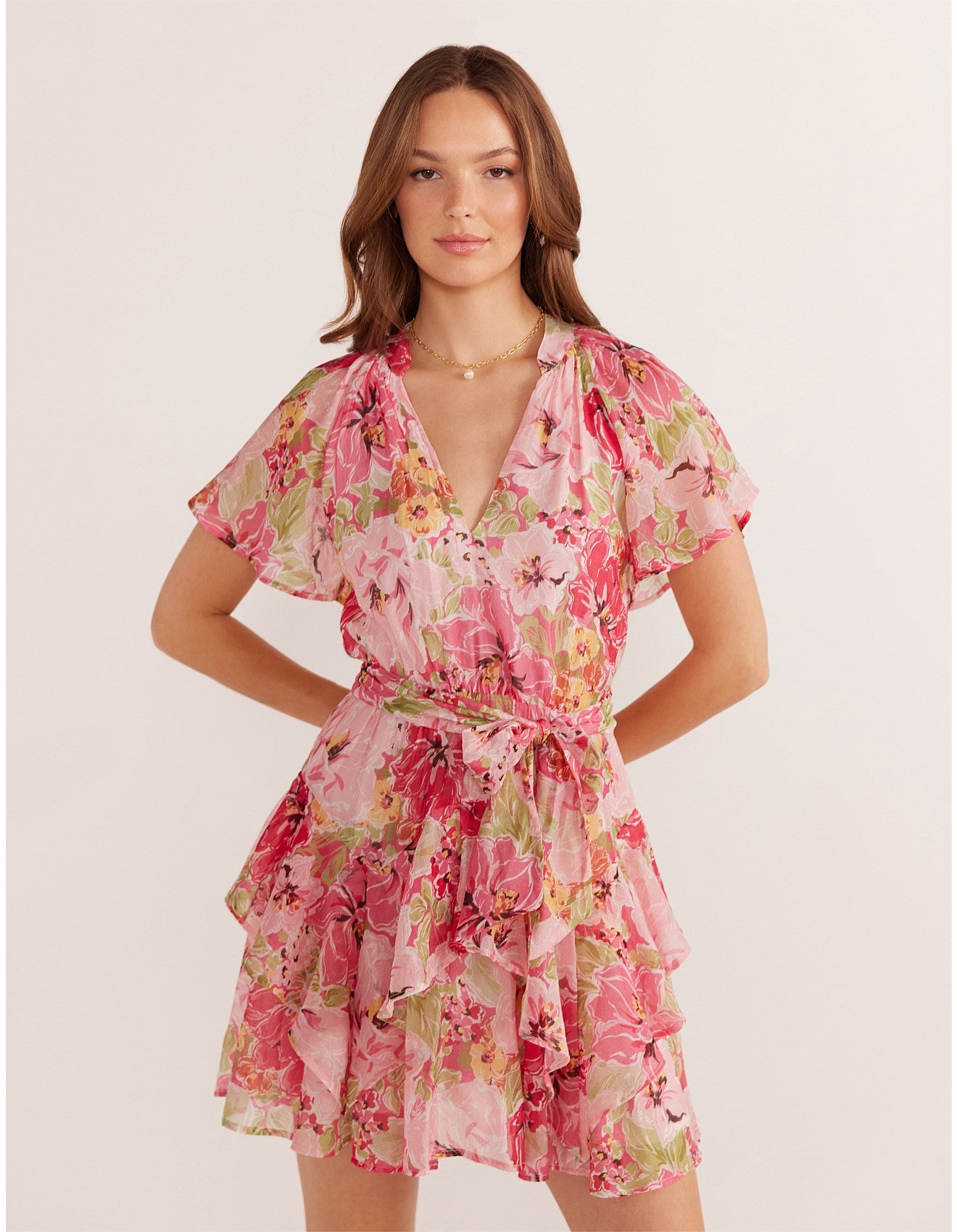 MINK PINK SIMONE FLUTTER MINI DRESS PINK FLORAL