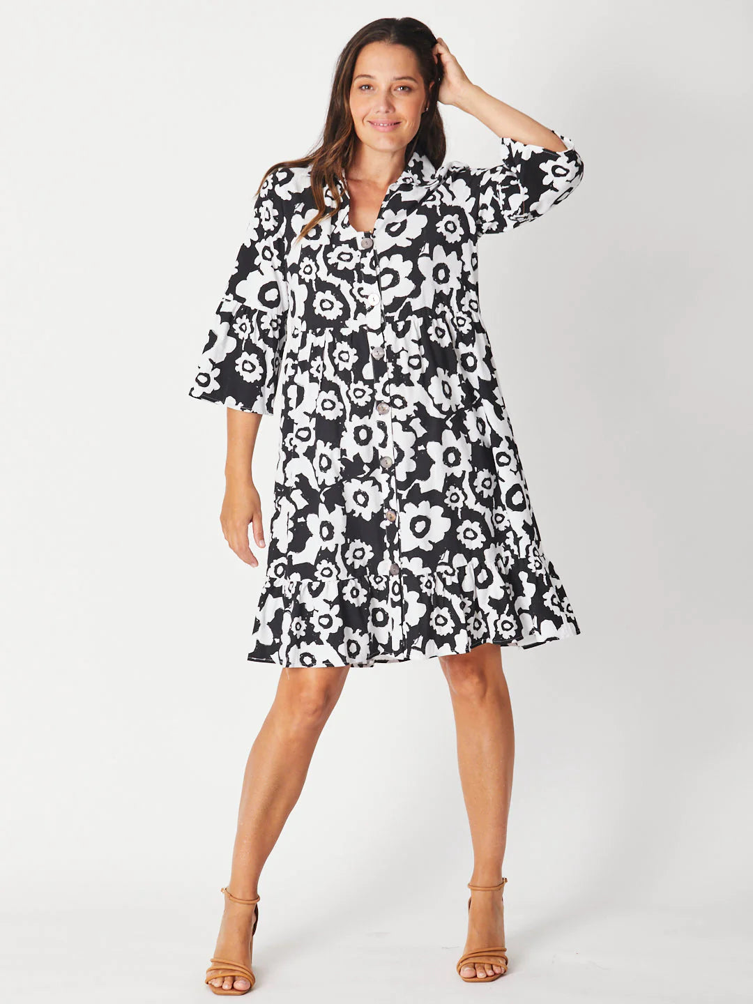 LUNA SKY BUTTON PRINT DRESS BLACK/WHITE