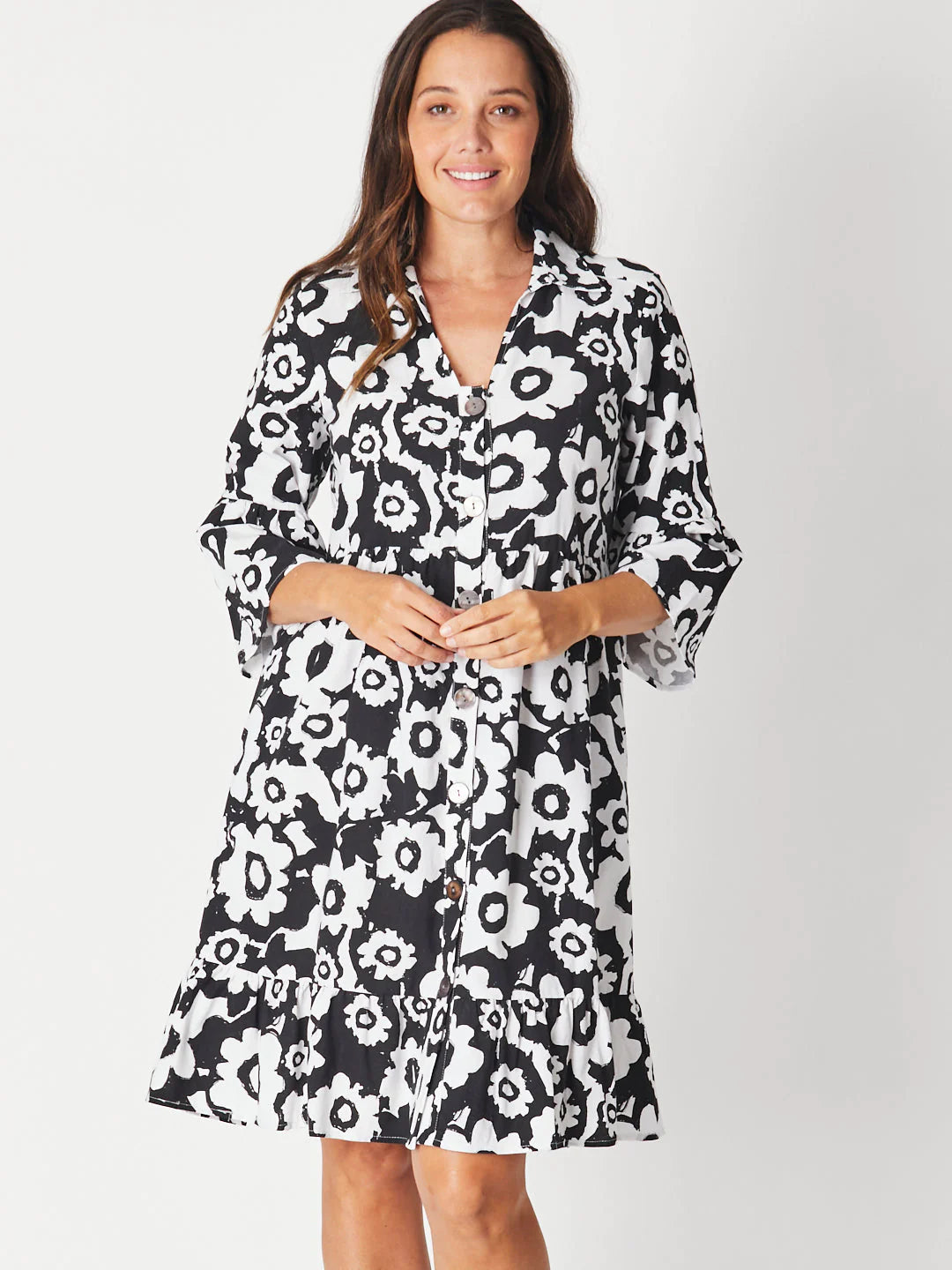 LUNA SKY BUTTON PRINT DRESS BLACK/WHITE