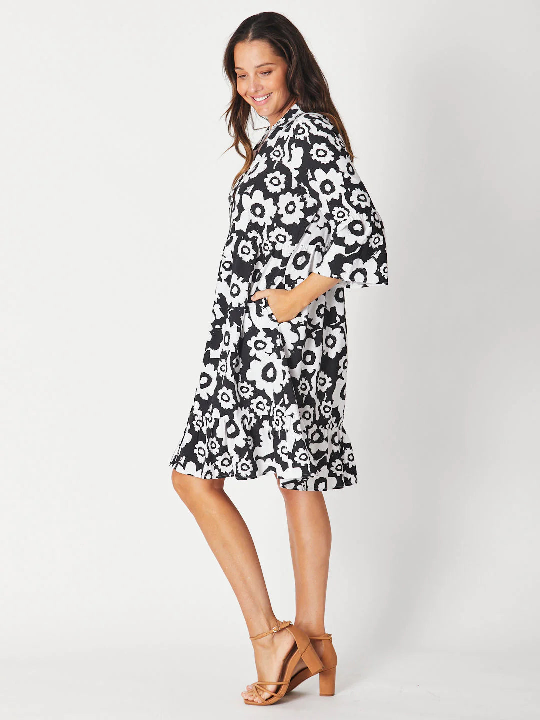 LUNA SKY BUTTON PRINT DRESS BLACK/WHITE