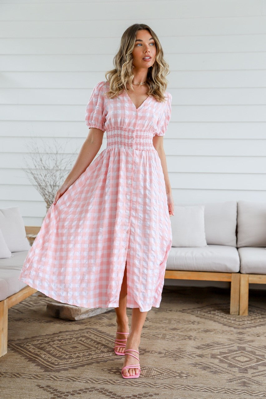 ST GERMAIN SPRING CHECK SHIRRED BUTTON DRESS SOFT PINK