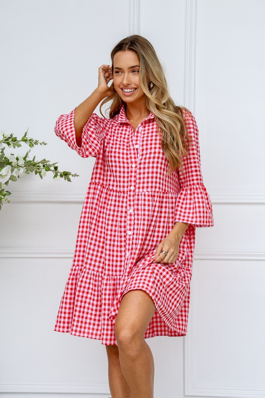 ST GERMAIN TIERED COLLARED KNEE LENGTH DRESS RED/PINK GINGHAM