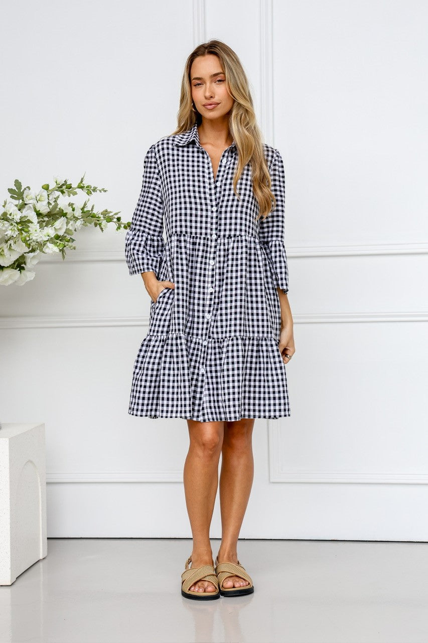 ST GERMAIN TIERED COLLARED KNEE LENGTH DRESS BLACK GINGHAM