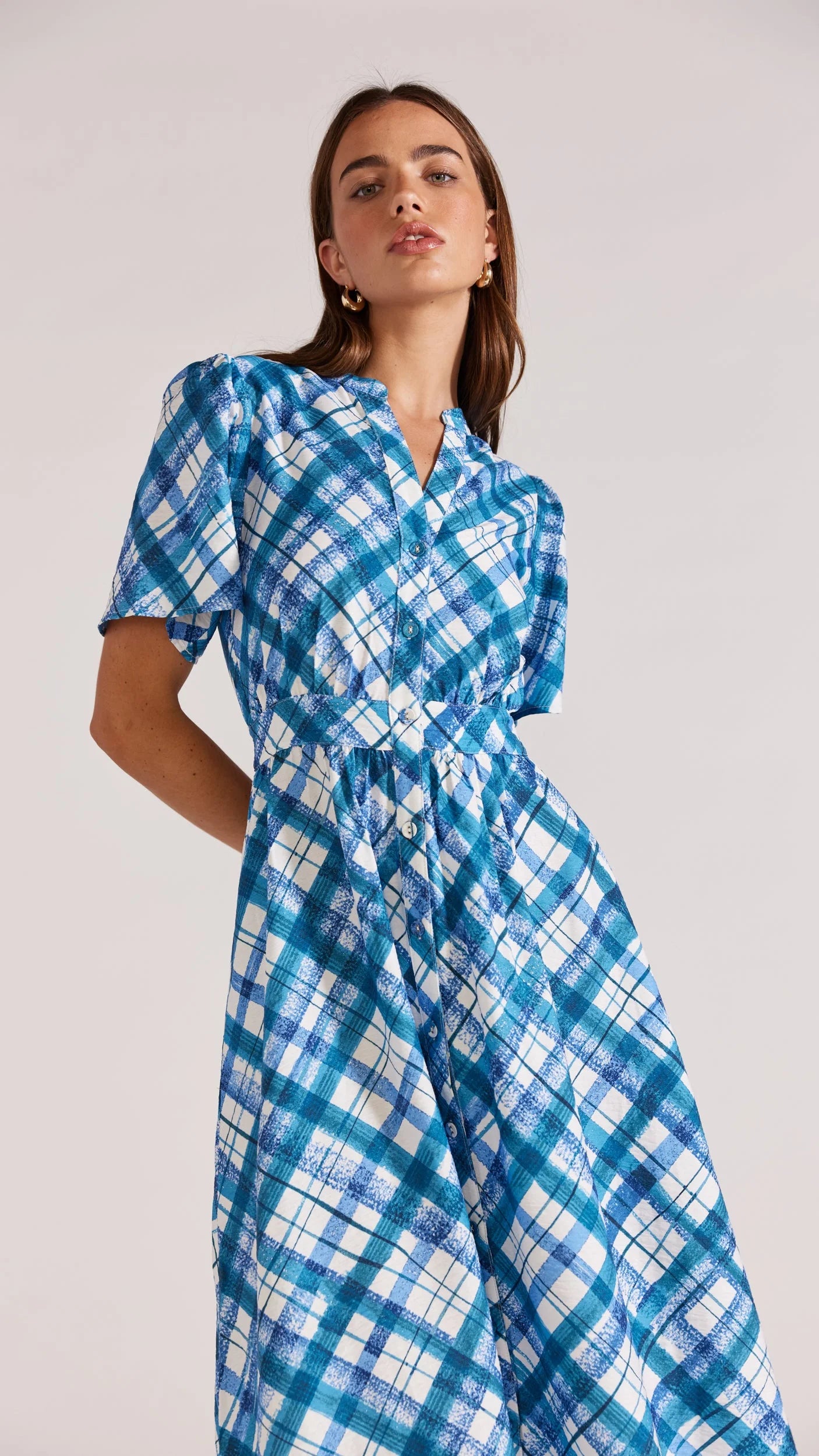 STAPLE THE LABEL HEATON MIDI DRESS BLUE CHECK