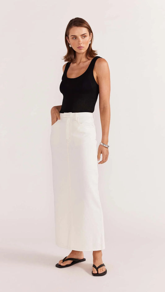 STAPLE THE LABEL INNES DENIM MIDI SKIRT WHITE