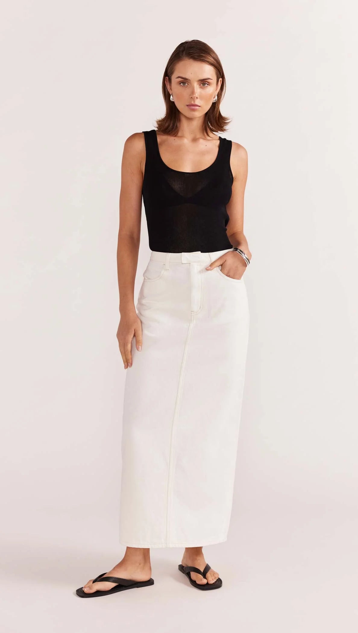 STAPLE THE LABEL INNES DENIM MIDI SKIRT WHITE