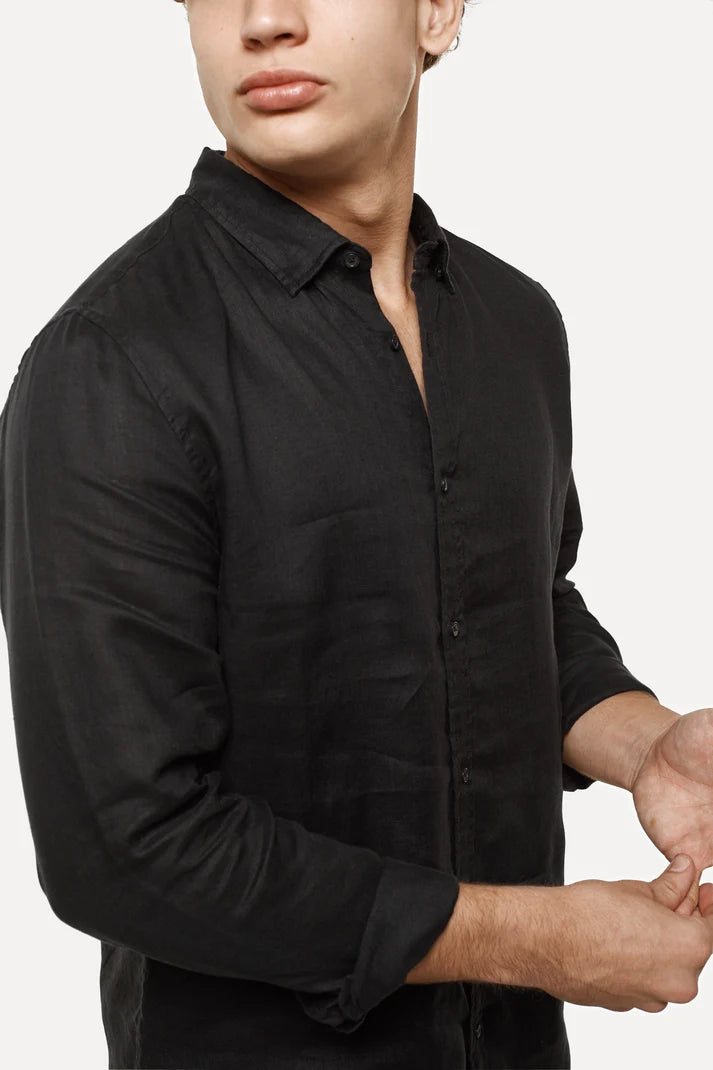 INDUSTRIE THE TENNYSON LINEN LONG SLEEVE SHIRT 2 BLACK