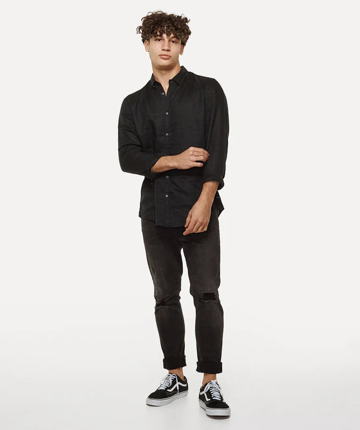 INDUSTRIE THE TENNYSON LINEN LONG SLEEVE SHIRT 2 BLACK