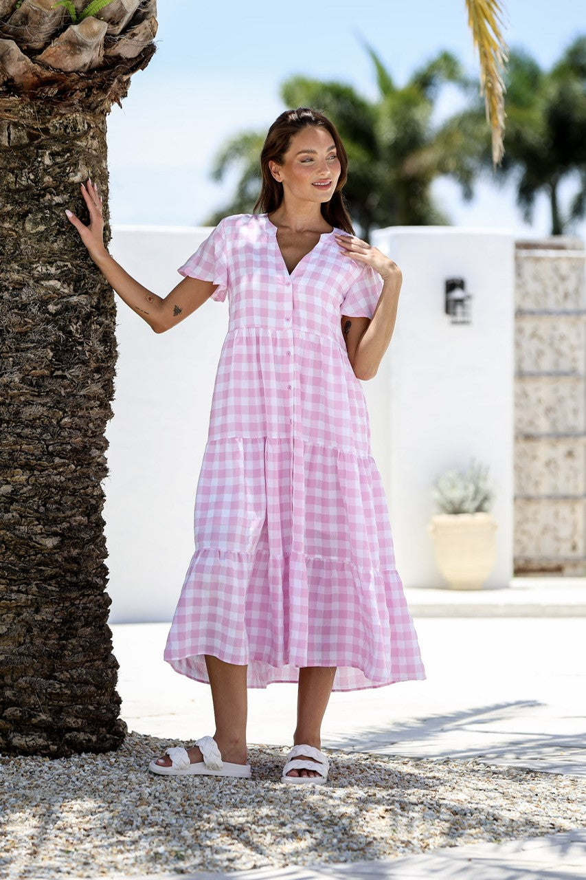 MISS MARLOW SUMMER CHECK TIER MIDI DRESS PINK