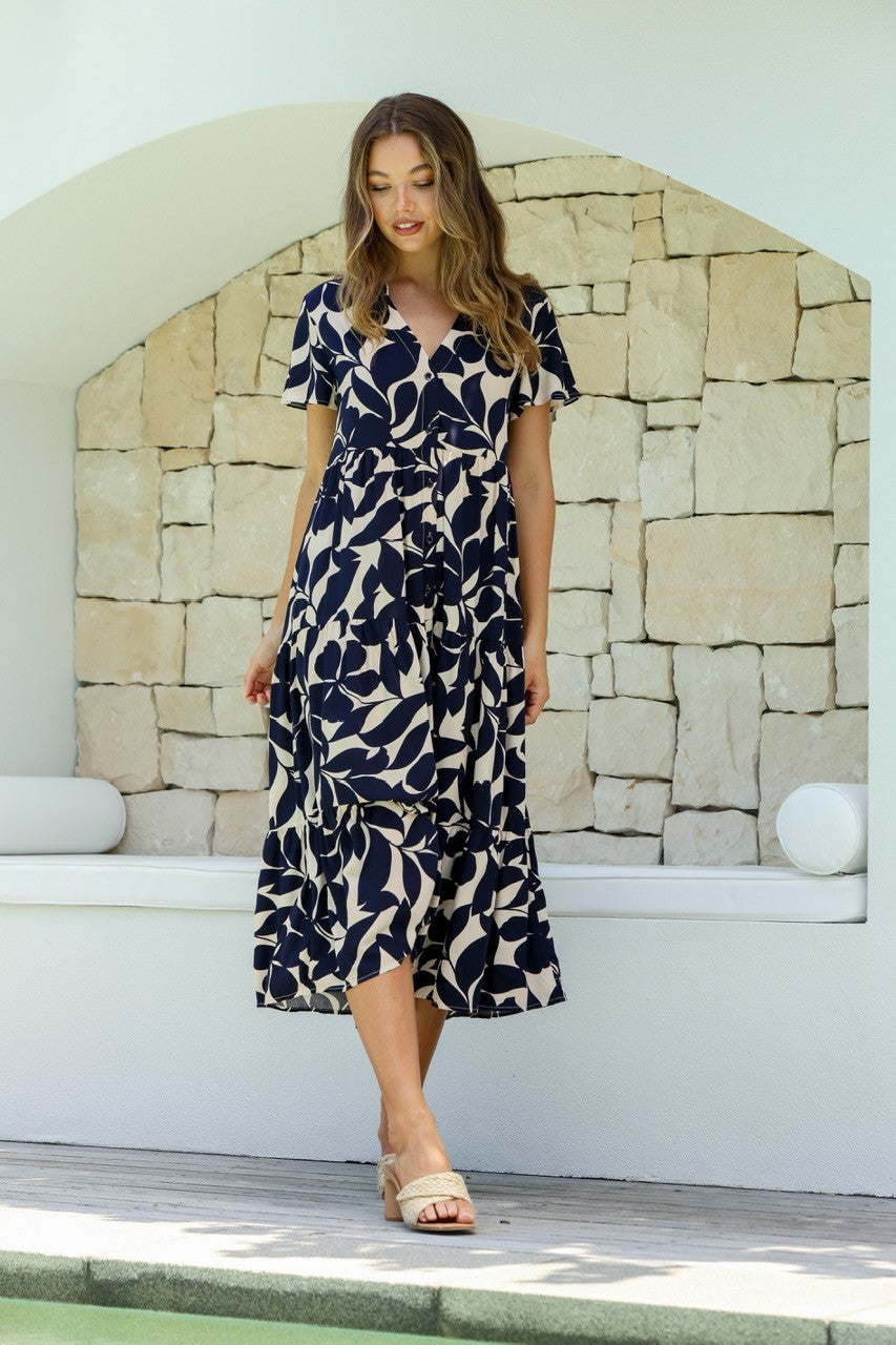 MISS MARLOW HOLLYWOOD VINE BUTTON TIER DRESS INDIGO/LATTE