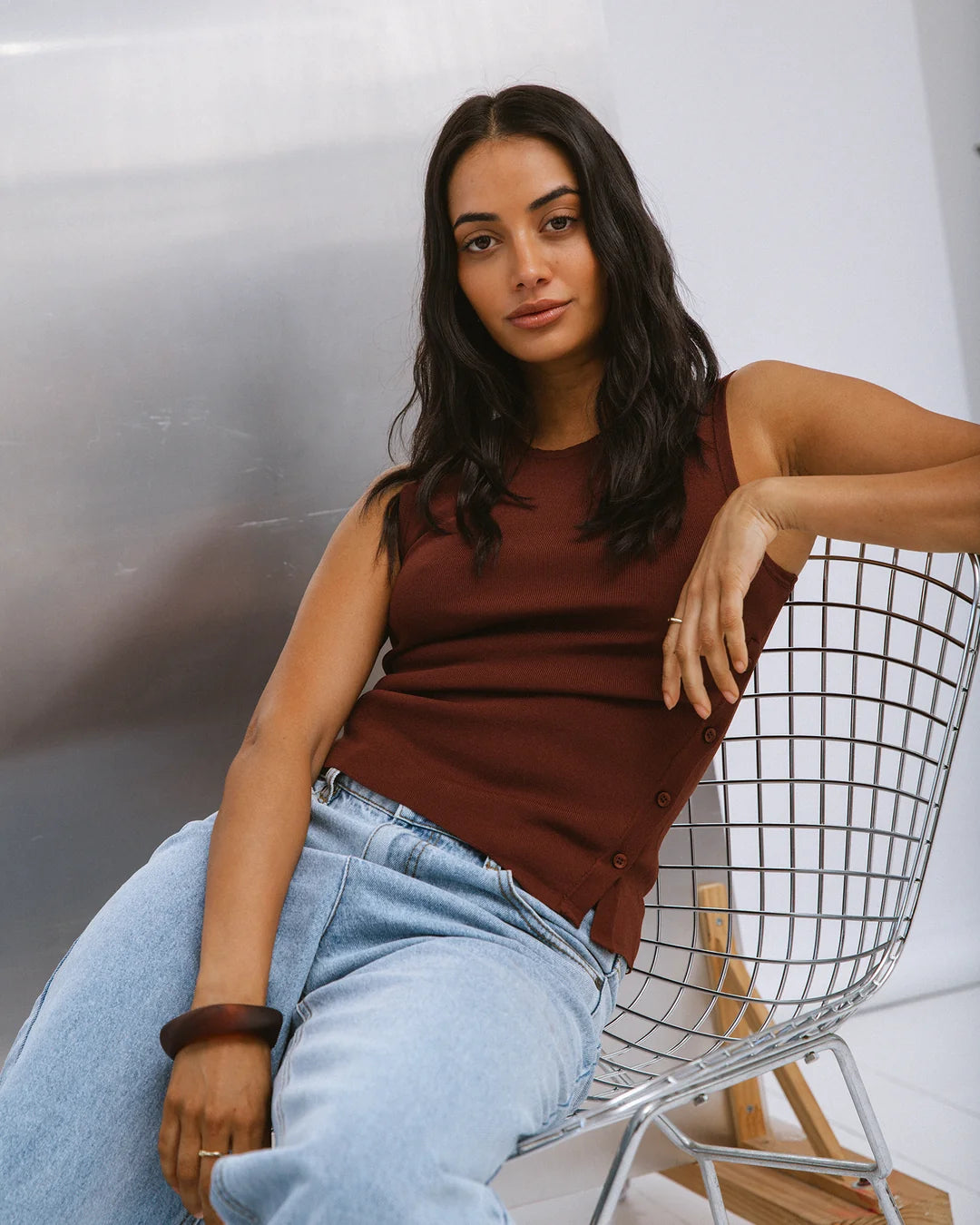 Silent Theory Ollie Button Down Knit Tank | Cherry