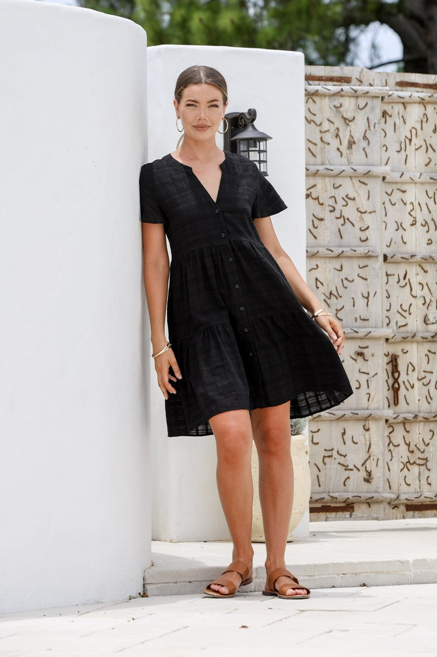 GRACE & CO CHECK LINED BUTTON TIERED DRESS BLACK