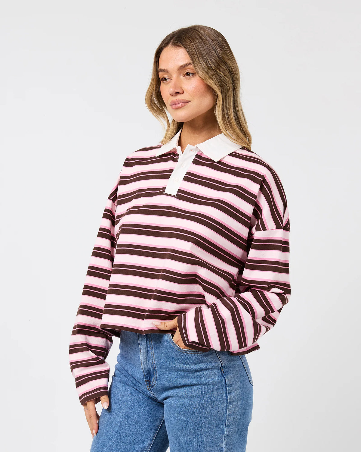 All About Eve Harri Stripe Rugby Long Sleeve | Pale Pink