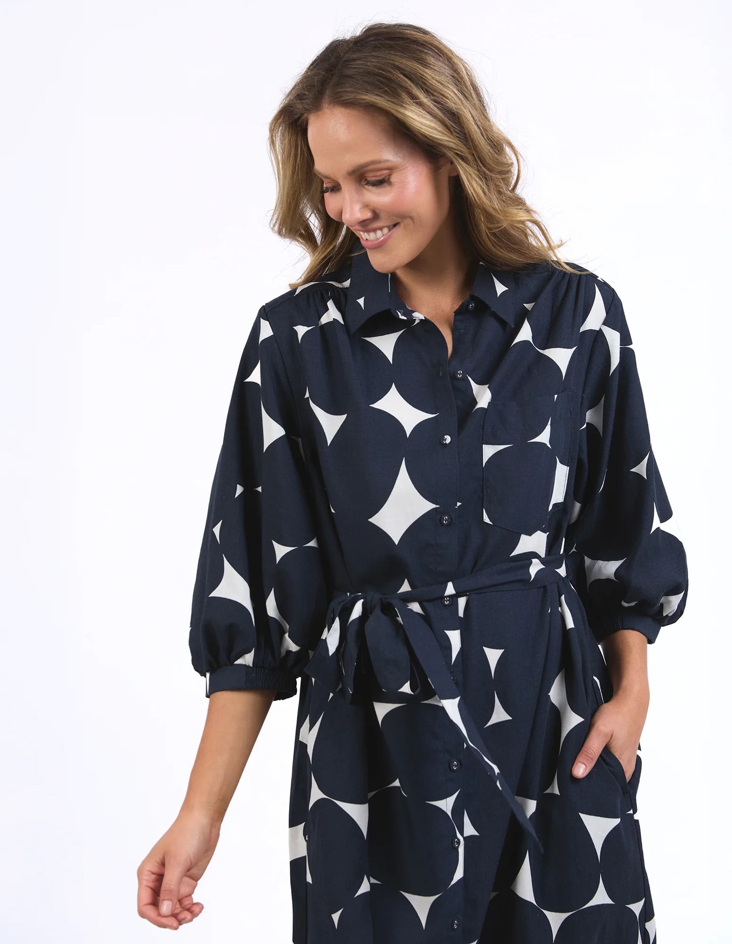 ELM DEMI SPOT DRESS NAVY