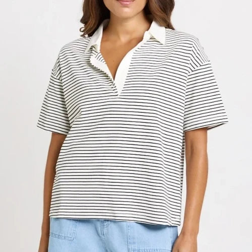 Betty Basics Freddy Polo Top | White/Navy Stripe