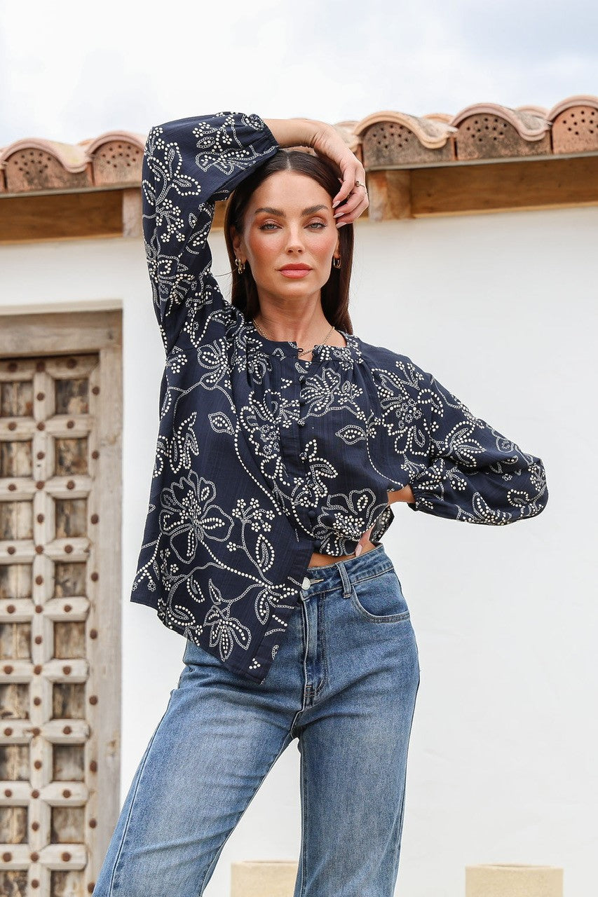 ST GERMAIN POLKA DOT FLOWER MALTA TOP NAVY/CREAM