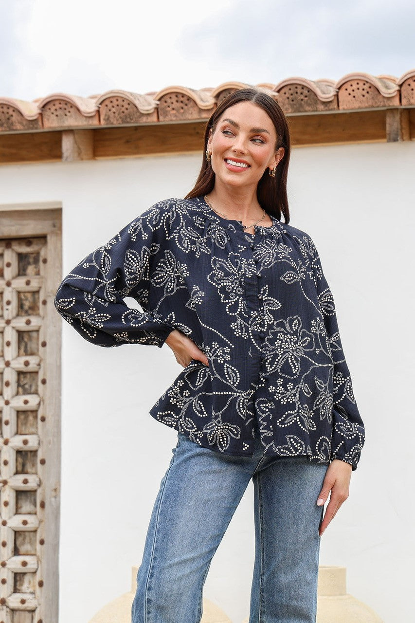 ST GERMAIN POLKA DOT FLOWER MALTA TOP NAVY/CREAM