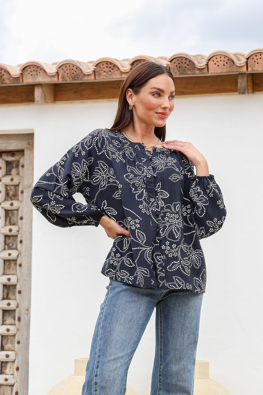 ST GERMAIN POLKA DOT FLOWER MALTA TOP NAVY/CREAM