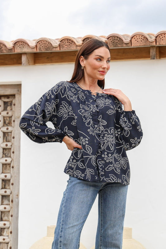 ST GERMAIN POLKA DOT FLOWER MALTA TOP NAVY/CREAM