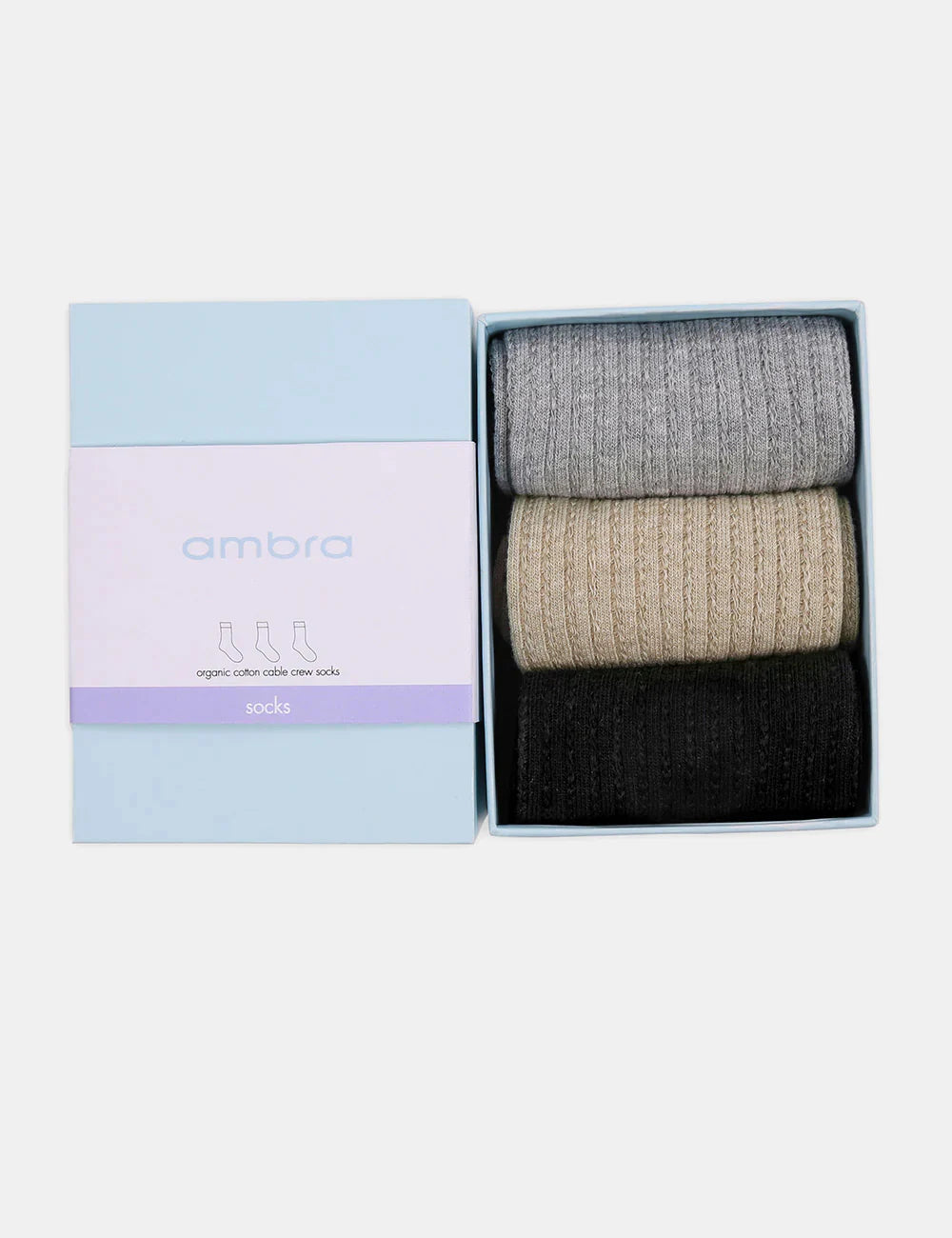 AMBRA 3 PACK FINE CABLE CREW SOCKS GREY MARLE/OATMEAL/BLACK