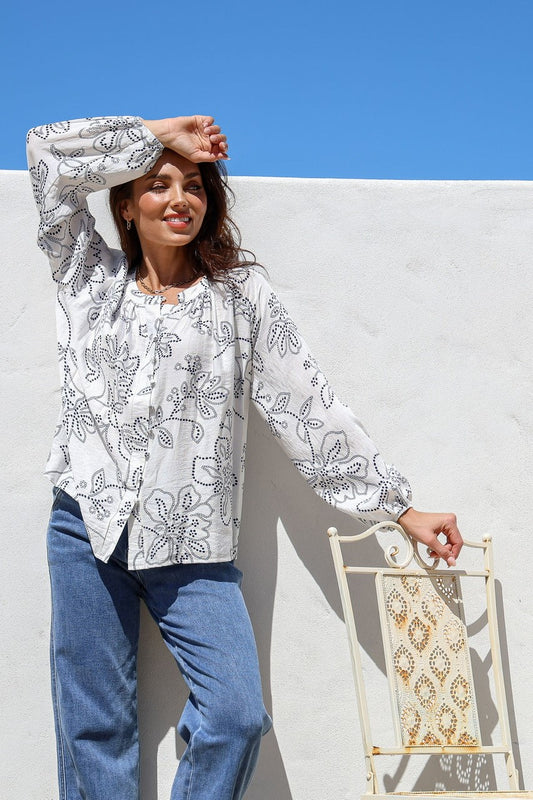 ST GERMAIN POLKA DOT FLOWER MALTA TOP WHITE/NAVY