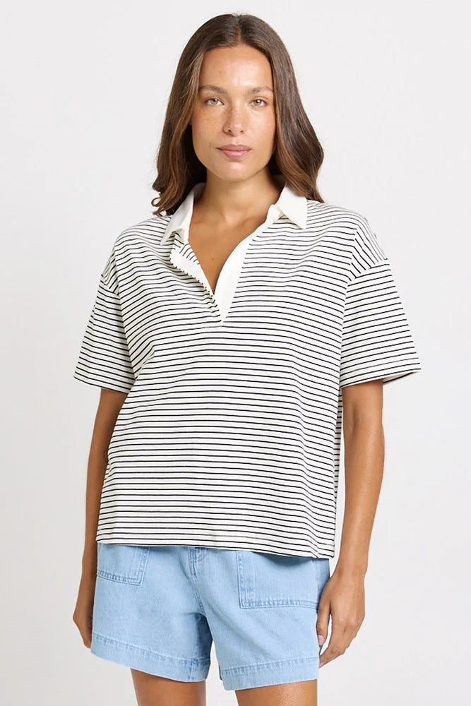 Betty Basics Freddy Polo Top | White/Navy Stripe