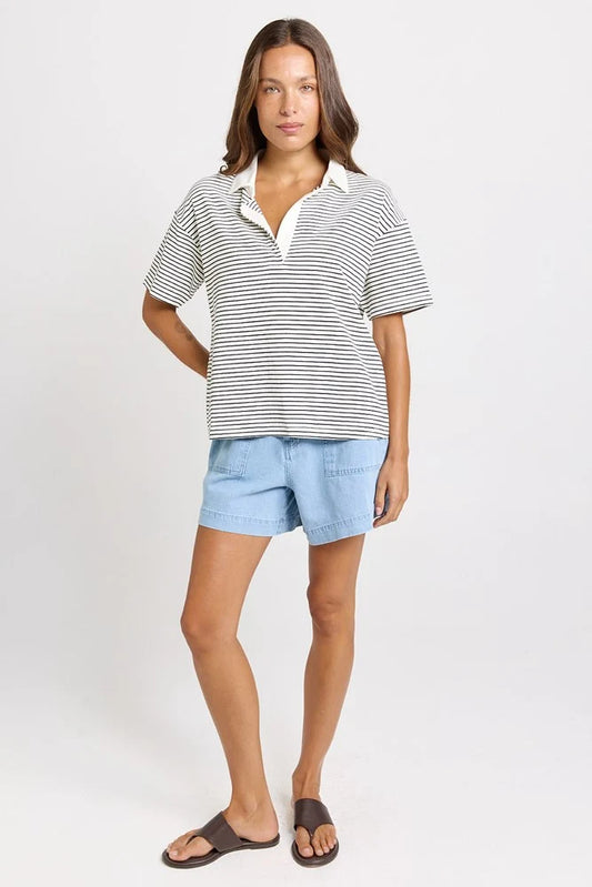 Betty Basics Freddy Polo Top | White/Navy Stripe