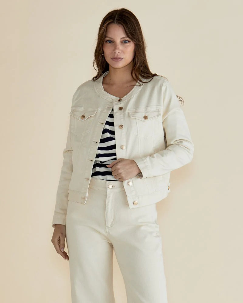 BETTY BASICS CINDY COLLARLESS DENIM JACKET OFF WHITE