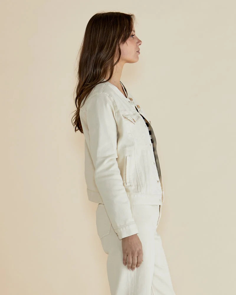 BETTY BASICS CINDY COLLARLESS DENIM JACKET OFF WHITE