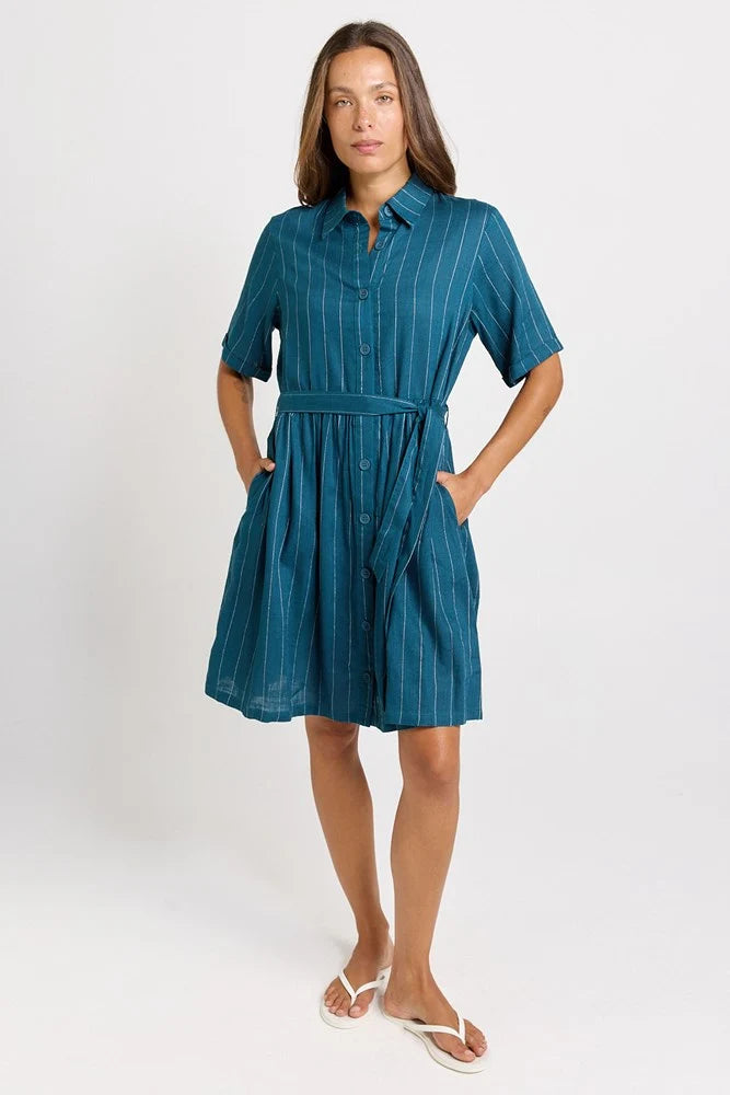 Betty Basics Palm Shirt Dress | Teal/White Stripe