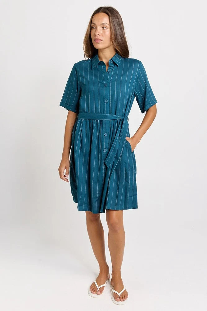 Betty Basics Palm Shirt Dress | Teal/White Stripe