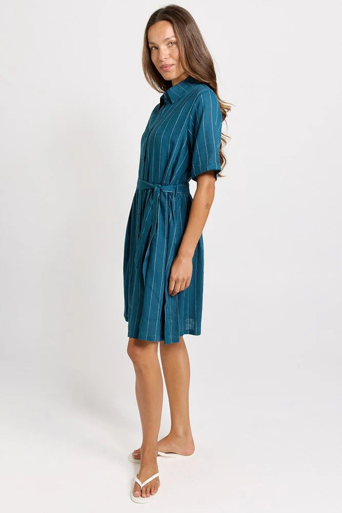 Betty Basics Palm Shirt Dress | Teal/White Stripe
