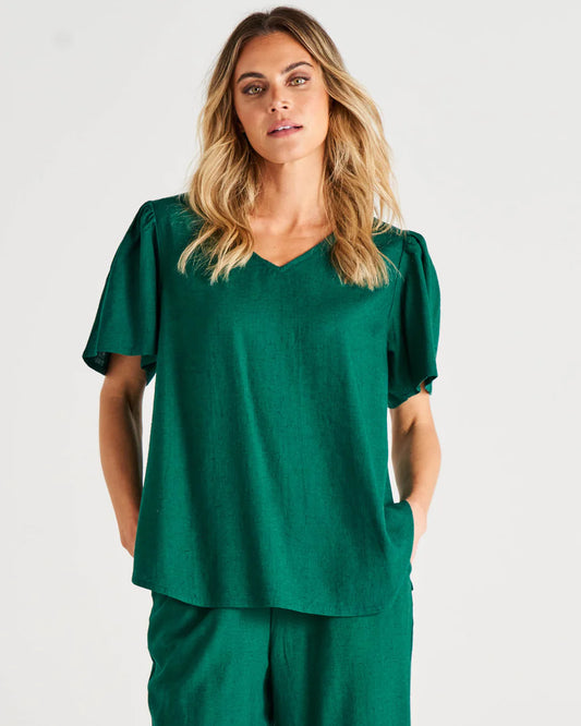 BETTY BASICS MARINA LINEN BLOUSE HUNTER GREEN