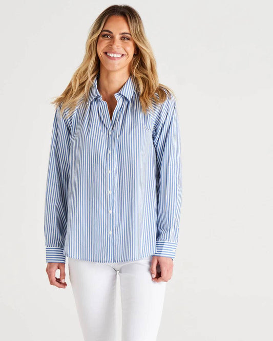 BETTY BASICS JACKIE COTTON BLOUSE IRIS BLUE STRIPE