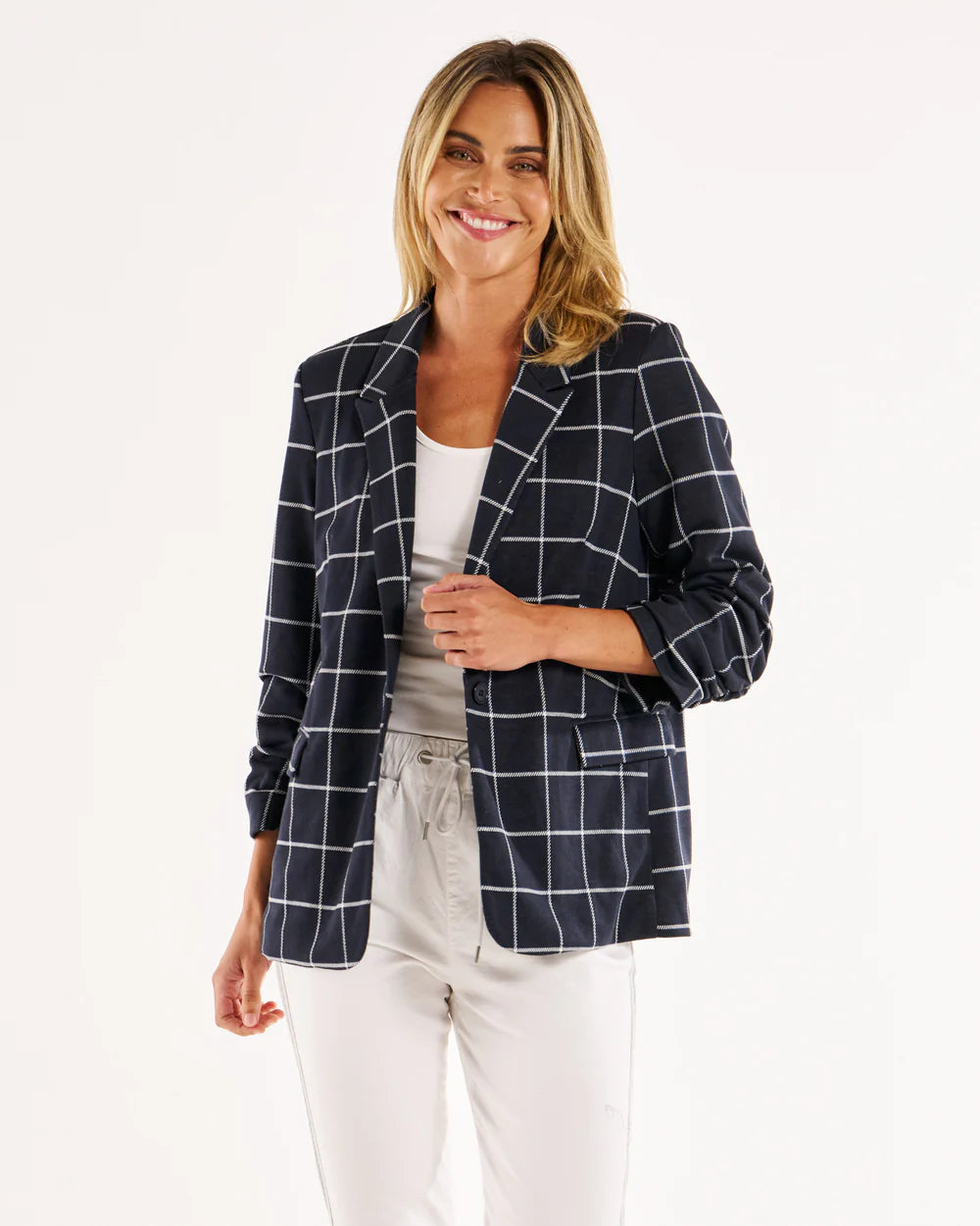 BETTY BASICS CHECK JERSEY BLAZER NAVY CHECK