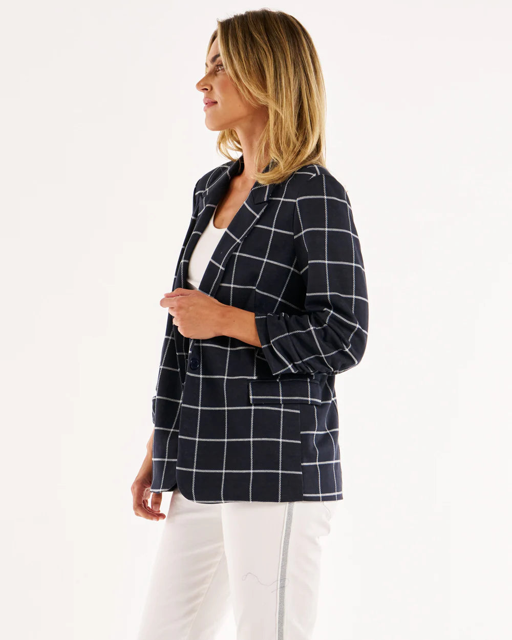 BETTY BASICS CHECK JERSEY BLAZER NAVY CHECK