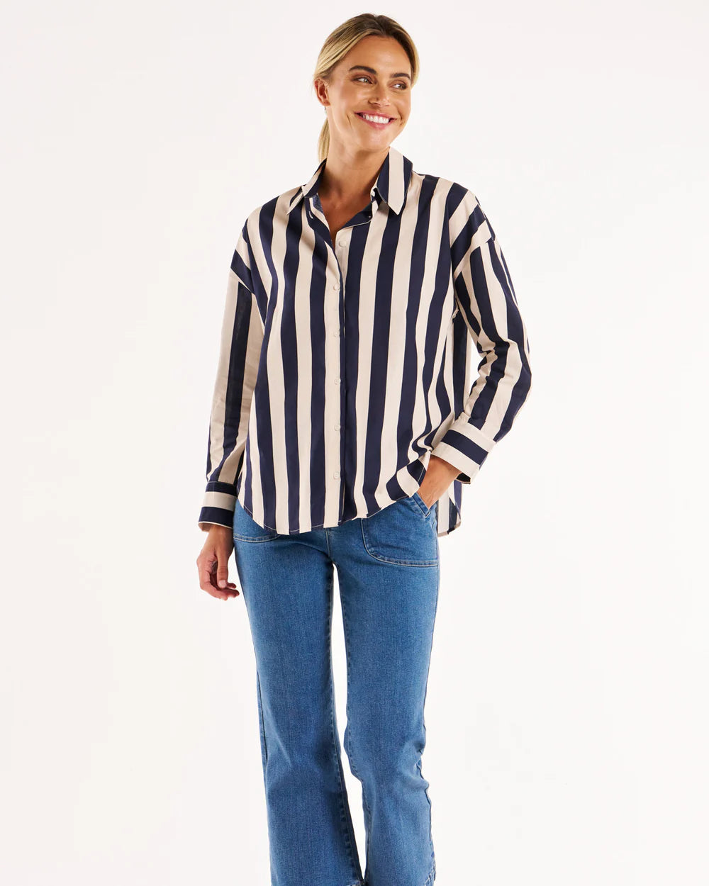 BETTY BASICS STRIPE SHIRT NAVY STRIPE