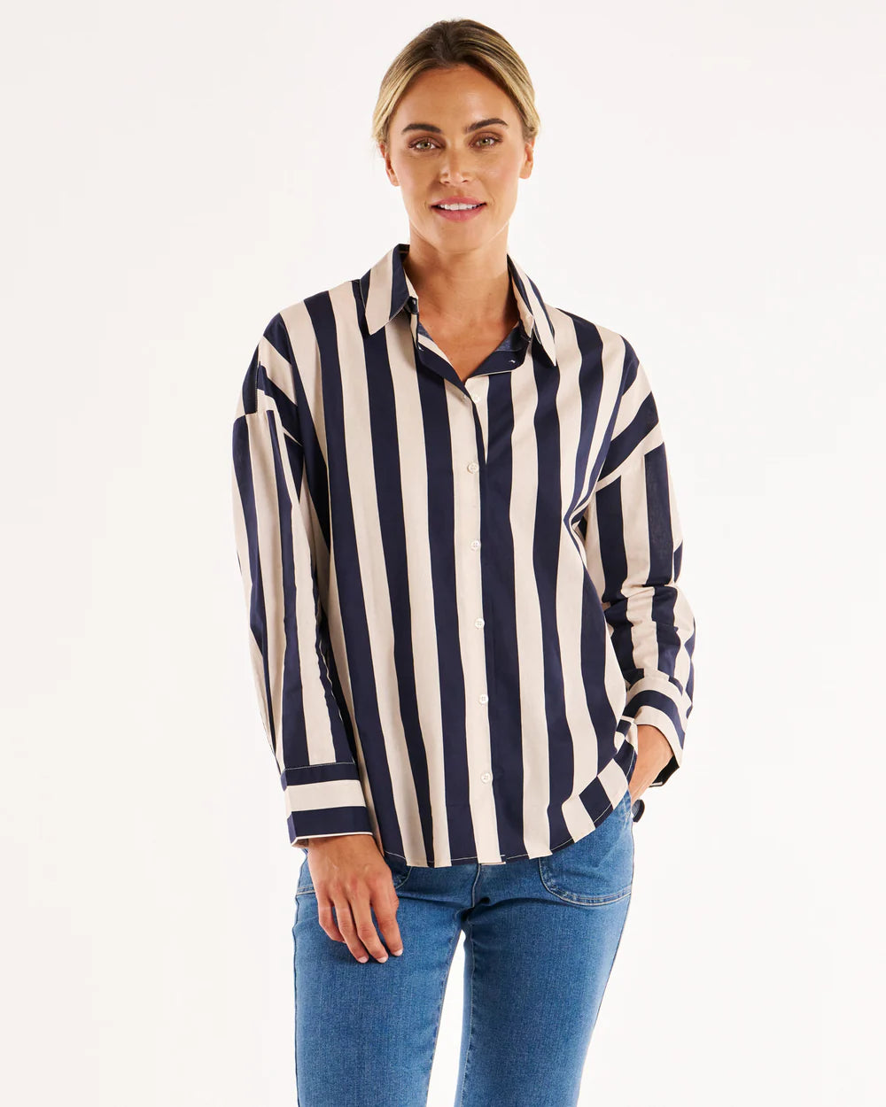 BETTY BASICS STRIPE SHIRT NAVY STRIPE