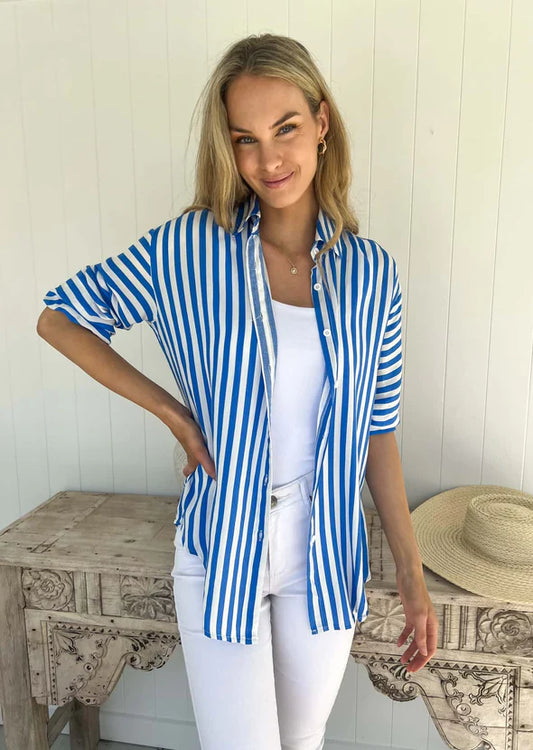 MYLK THE LABEL BILLIE LONG SLEEVE STRIPE SHIRT BLUE/WHITE