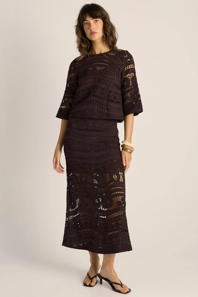 Fate + Becker Gaia Lace Skirt | Chocolate