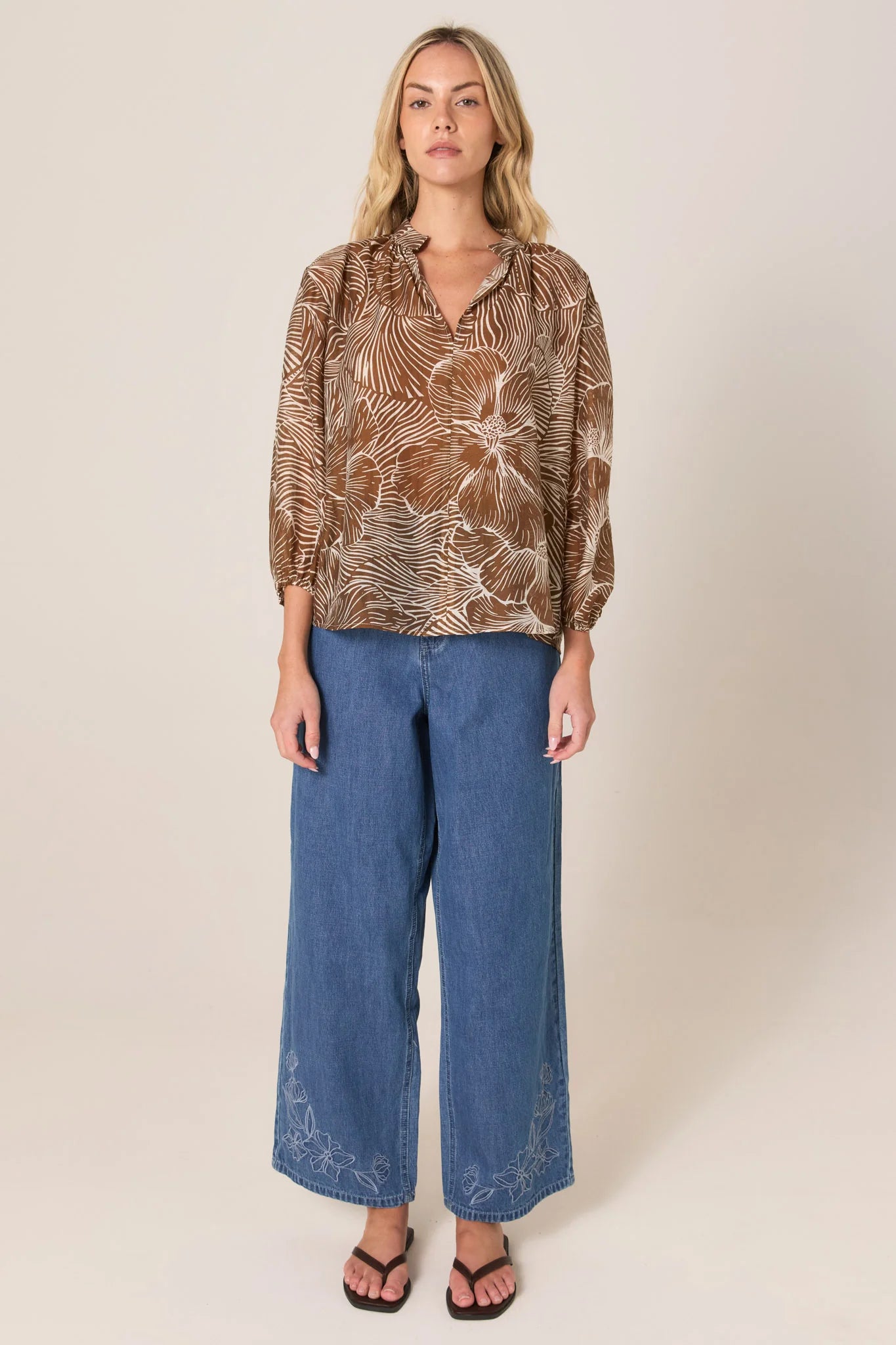 Fate+Becker Tallulah Split Neck Blouse | Brown Petal Print