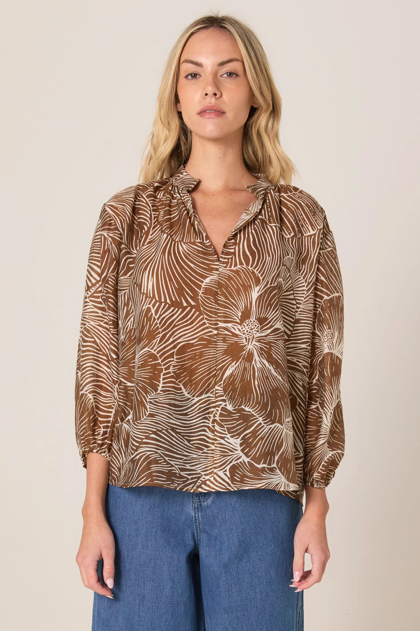 Fate+Becker Tallulah Split Neck Blouse | Brown Petal Print
