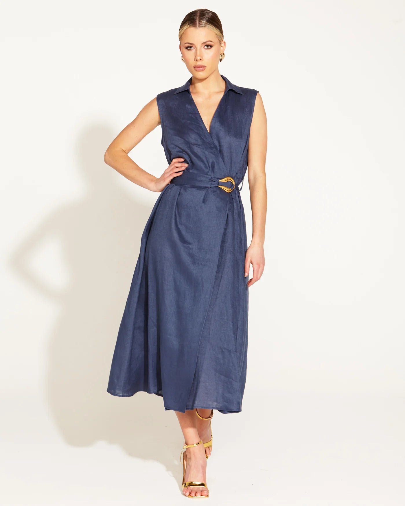 FATE+BECKER A WALK IN THE PARK LINEN SLEEVELESS DRESS NAVY