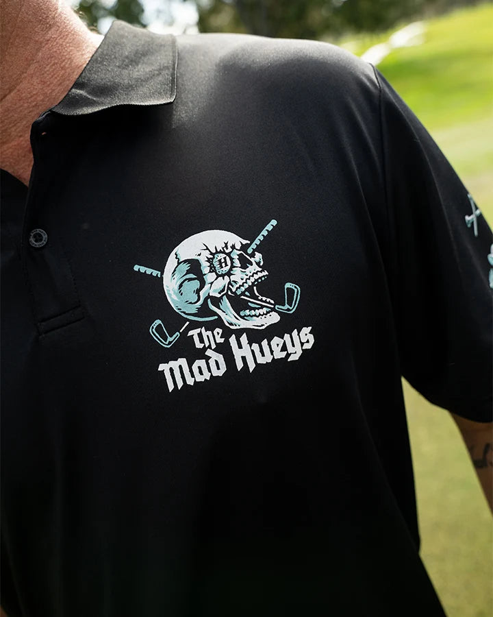 The Mad Hueys Hittin Fk All Short Sleeve Golf Polo | Black