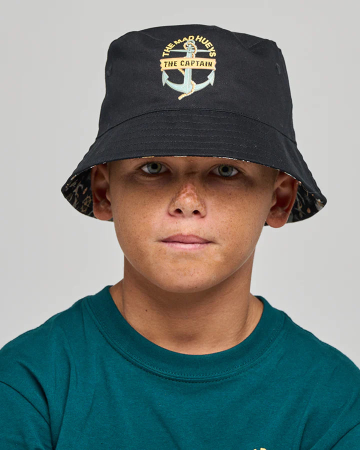 THE MAD HUEYS CROC CAPTAIN YOUTH REVERSIBLE BUCKET HAT VINTAGE BLACK