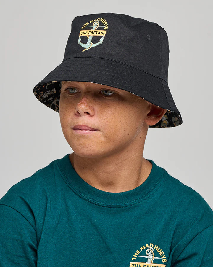 THE MAD HUEYS CROC CAPTAIN YOUTH REVERSIBLE BUCKET HAT VINTAGE BLACK