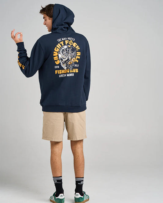 THE MAD HUEYS TROPIC CAUGHT FK ALL FISHING HOODED PULLOVER NAVY