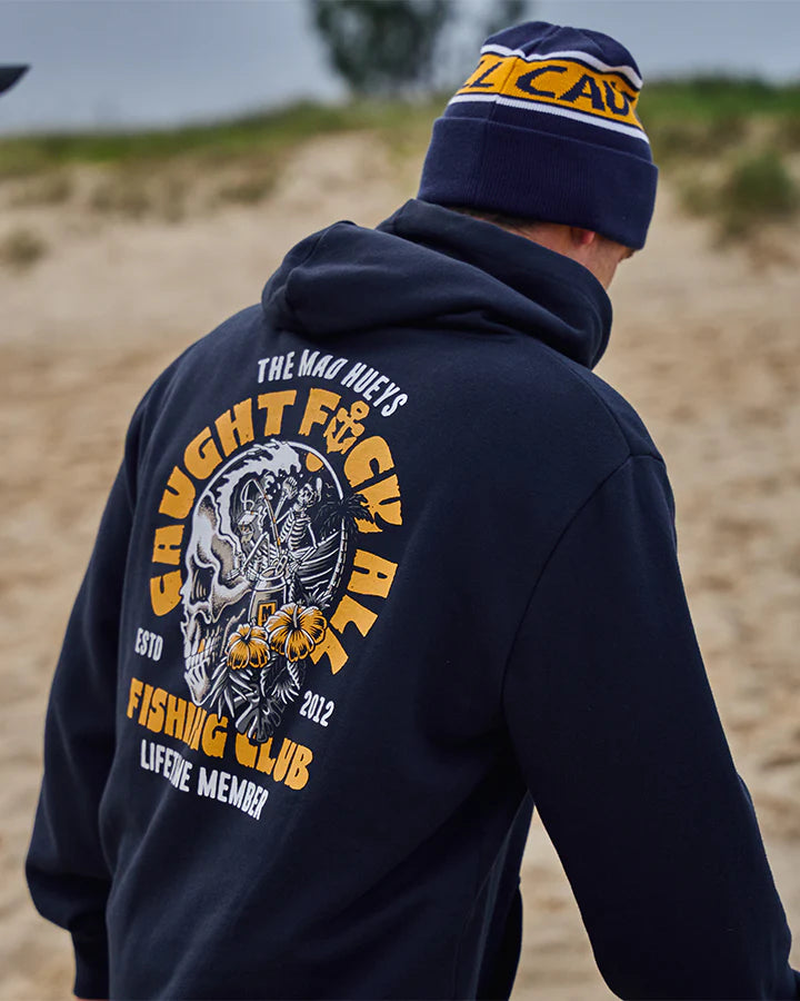 THE MAD HUEYS TROPIC CAUGHT FK ALL FISHING HOODED PULLOVER NAVY