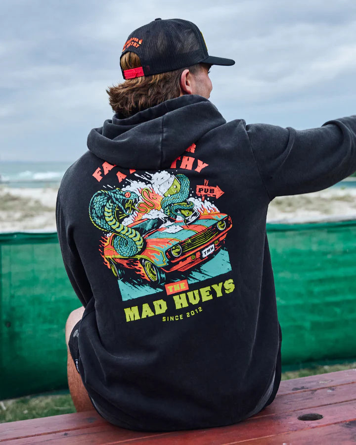 The Mad Hueys Frothy Fanging Hooded Pullover | Washed Black